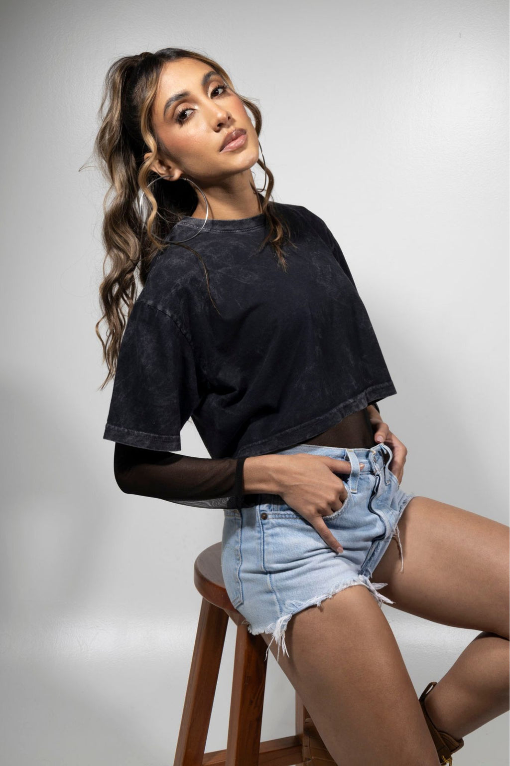 Crop Top Acid Wash Negro
