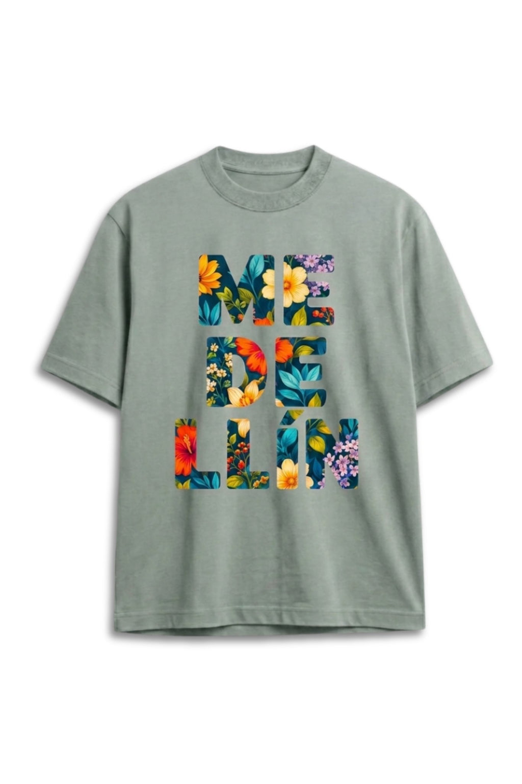 Camiseta Medellín Flores Algodón Peruana Azul Semi Oversize