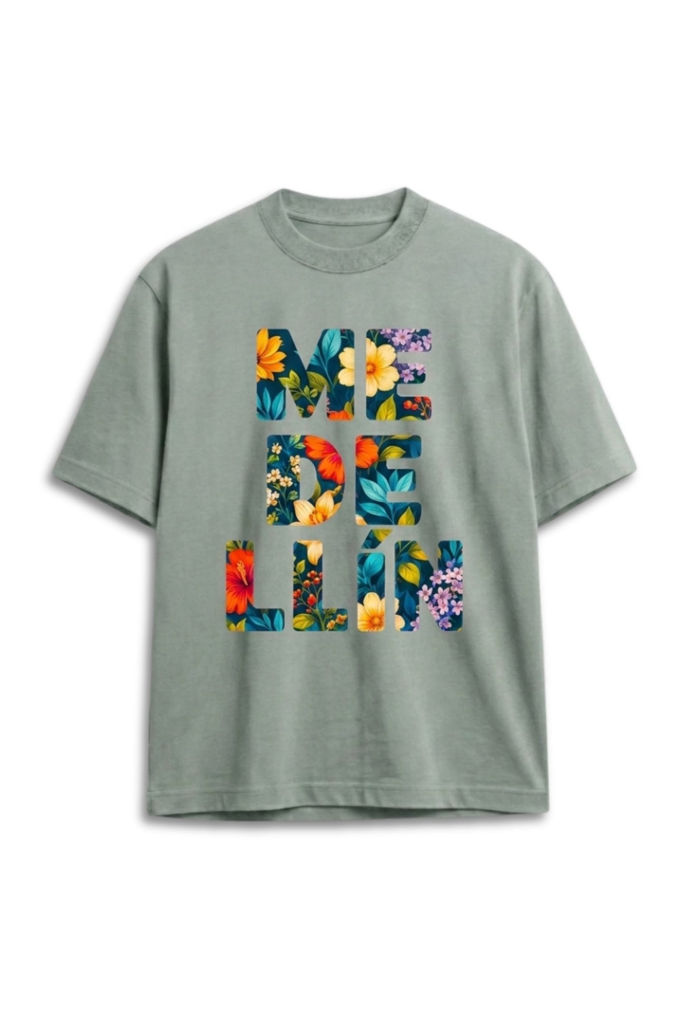 Camiseta Medellín Flores Algodón Peruana Azul Semi Oversize