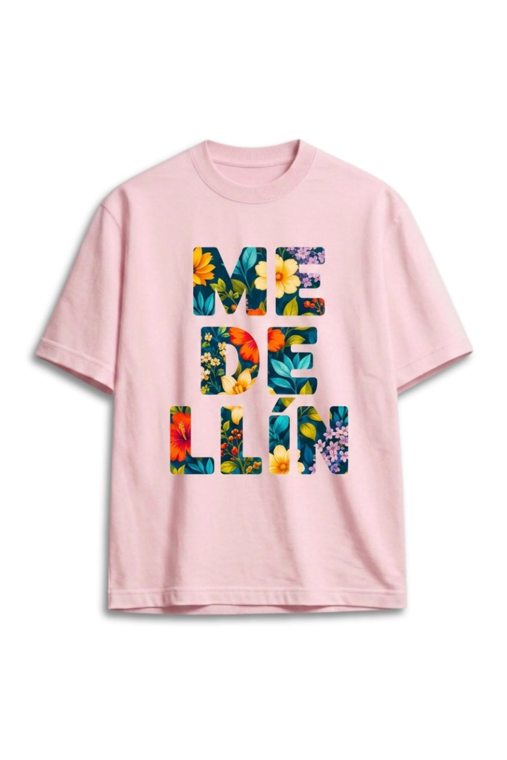 Camiseta Medellín Flores Algodón Peruana Rosado Semi Oversize