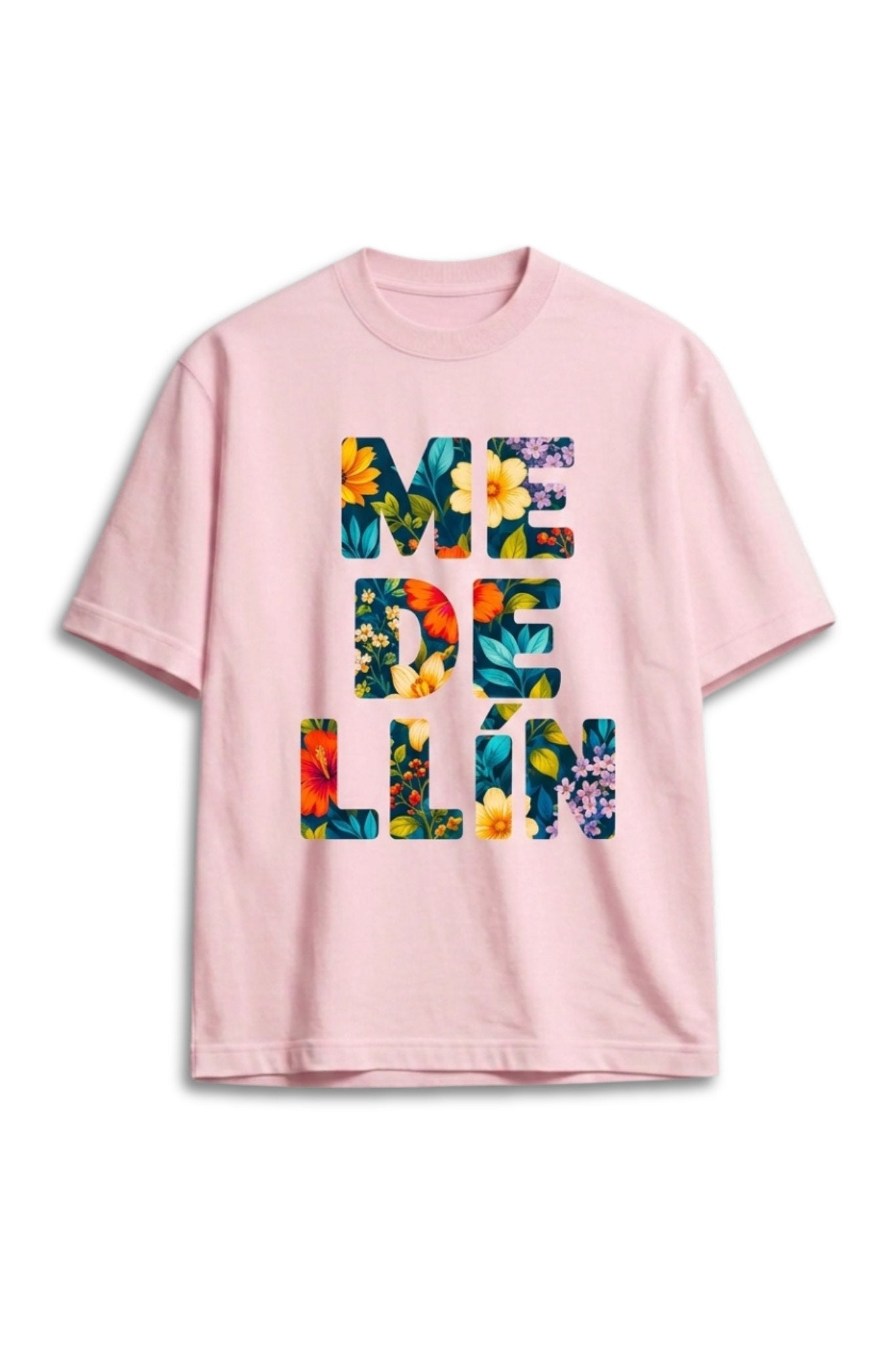 Camiseta Medellín Flores Algodón Peruana Rosado Semi Oversize